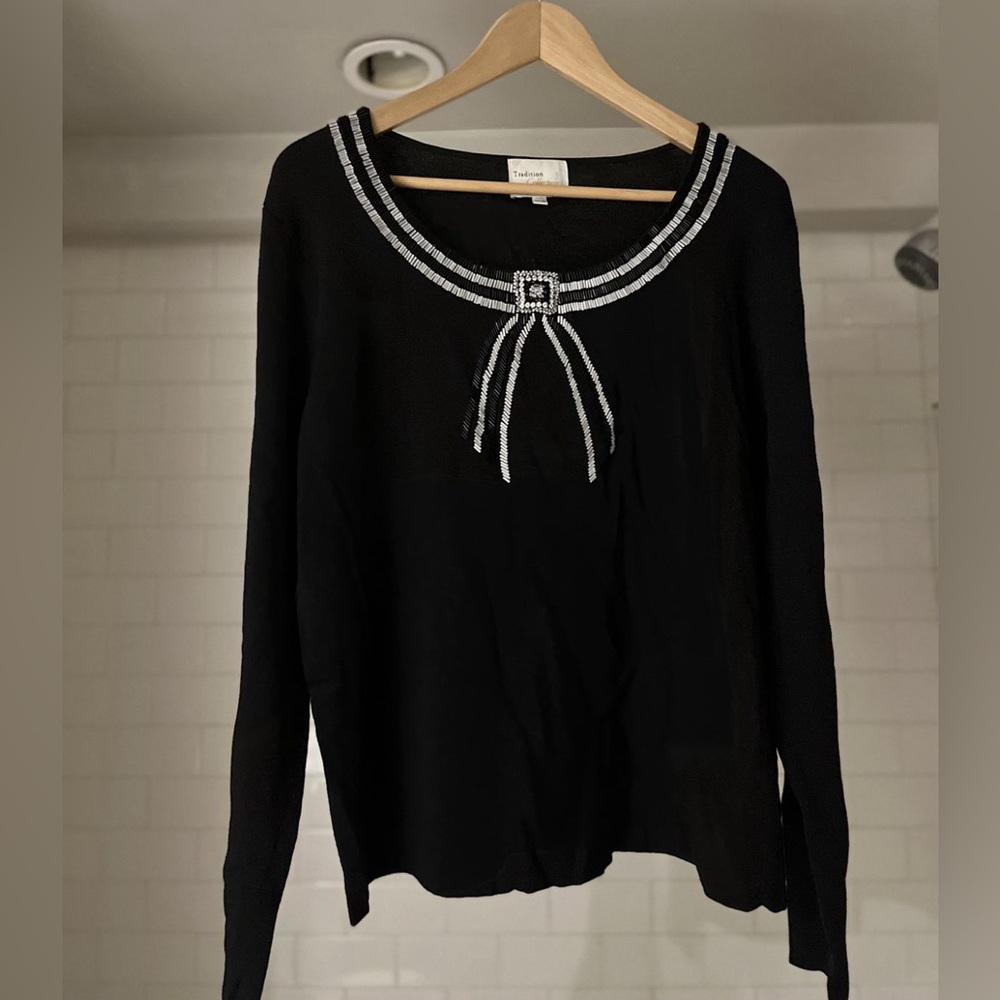Vintage Traditions Trompe L’Oeil Beaded Bow Pullover Sweater Size XL